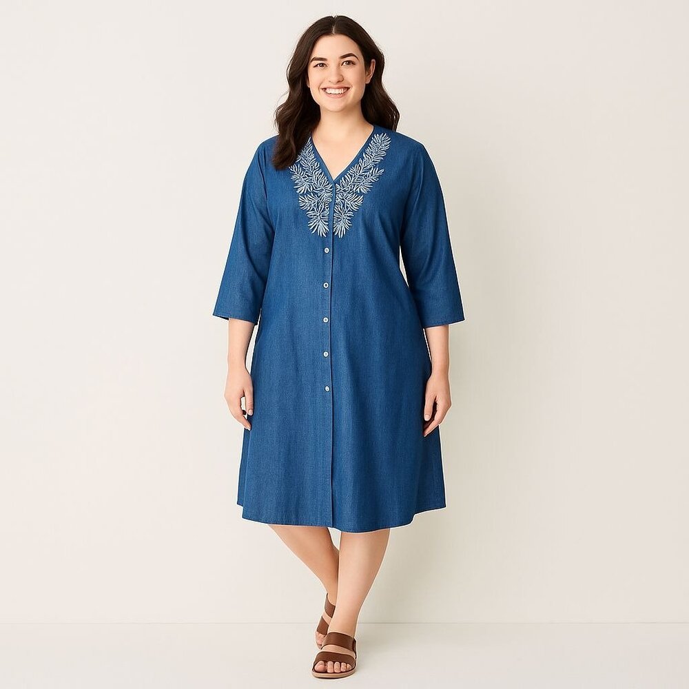 Vermont Country Store Chambray Denim Dress Embroidered Yoke Button Front Size L